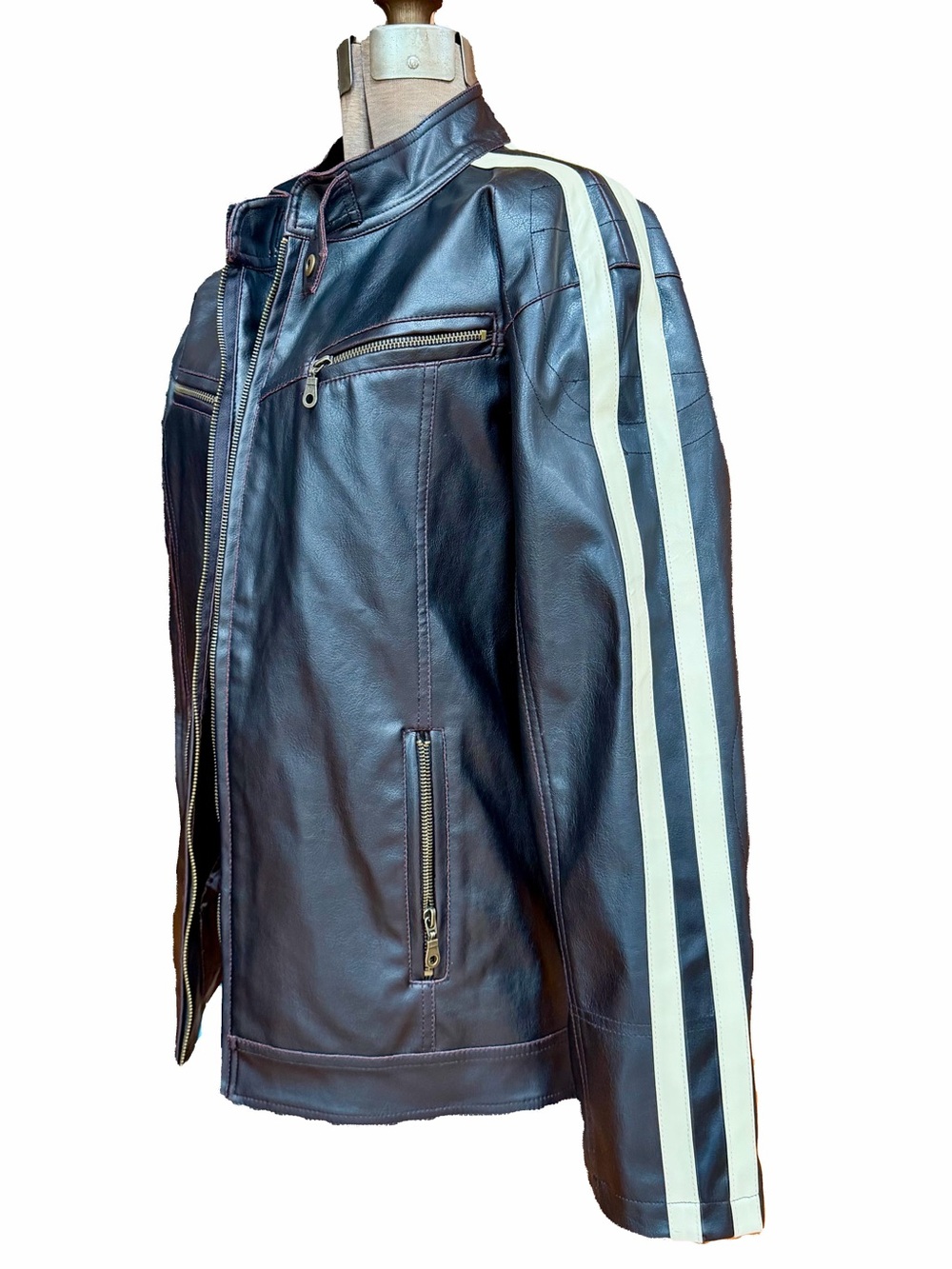 Machine Jacket Mens Dark Brown Cream Stripes Down Sleeves Moto Style